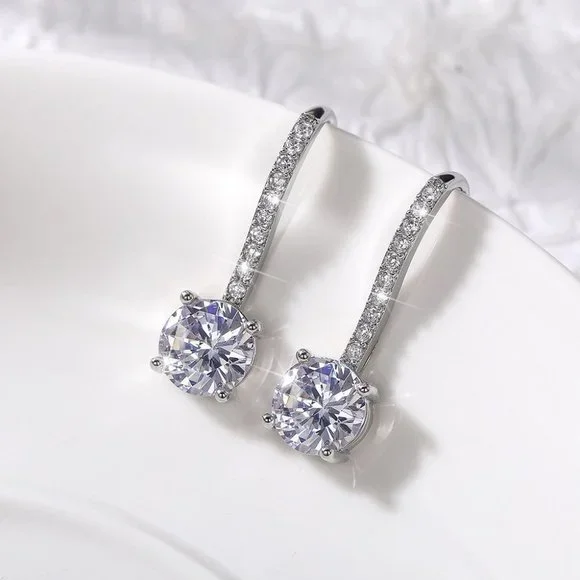 🎀 White Crystal CZ Dangle Earrings for Women Imitate Zircon Drop, HA4516 - Picture 3 of 6